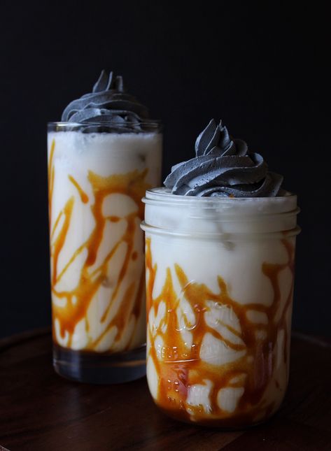 Toasted Rice Horchata w/ Salted Caramel Drizzle & Coconut Charcoal Whipped Cream (vegan & gf) – NO EGGS OR HAM Toasted Rice, Coconut Charcoal, Condensed Coconut Milk, Caramel Drizzle, Making Whipped Cream, Spooky Food, Dry Rice, Vegetarian Foods, Creamy Rice