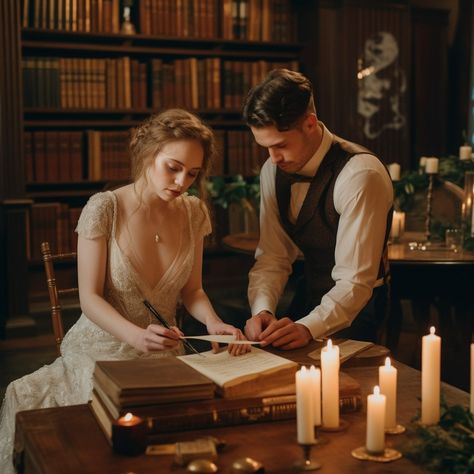 Library wedding - A wedding held in a library with decor inspired by books, like vintage typewriters, leather-bound books, and candlelight Winter Library Wedding, Old Library Wedding, Library Wedding Decor, Wedding Ideas Library, Library Wedding Aesthetic, Library Wedding Reception, Spanish Library, Bookish Wedding, Christmas Library