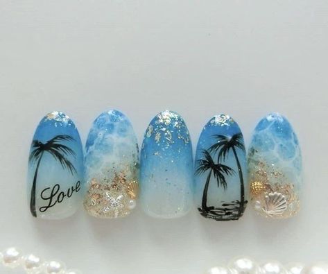 Beach Nail Art Designs, Sea Nail Art, Ocean Nail Art, Beach Themed Nails, Tropical Vacation Nails, Beach Nail Art, Palm Tree Nails, Beach Nail Designs, Sea Nails