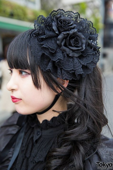 Gothic Black Flower Headpiece Cute Headpiece, Hair Bun For Bride, Bun For Bride, Gothic Fascinator, Goth Headpiece, Flower Hair Bun, Gothic Headpiece, Goth Harajuku, Harajuku Girl