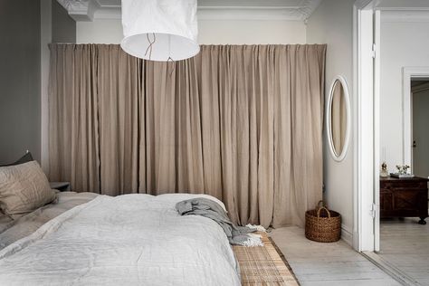 Curtain Wardrobe Doors, Curtain Wardrobe, Moveable Wall, White Linen Curtains, Coco Lapine Design, Closet Curtains, Open Wardrobe, Room Divider Curtain, Grey Bedroom