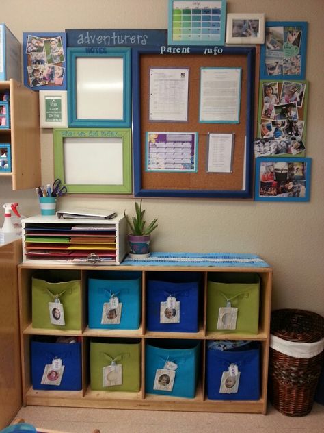 Parent corner, toddler classroom. Preschool classroom, cubby shelf, fabric bins, photo tags, name tags, parent communication binder, daily sheets, parent board, parent communication, what we did today, parent notes, classroom photos, daily photos, about the teachers, lunch menu, snack menu, lesson plans, classroom newsletter, classroom daily schedule. Classroom Cubby Ideas, Daycare Parent Board, Home Daycare Rooms, Classroom Daily Schedule, Preschool Cubbies, Classroom Cubbies, Organize Classroom, Daycare Room Ideas, Cubby Ideas