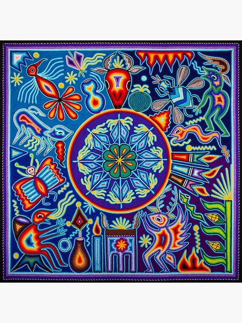 "Mexican wixarika huicho ceremony" Stickerundefined by aramara-huichol | Redbubble Huachuma Art, Mexican Folk Art Decor, Mexican Art Painting, Mexican Colors, Peruvian Art, Huichol Art, Vibes Art, Helmet Design, Mexican Art