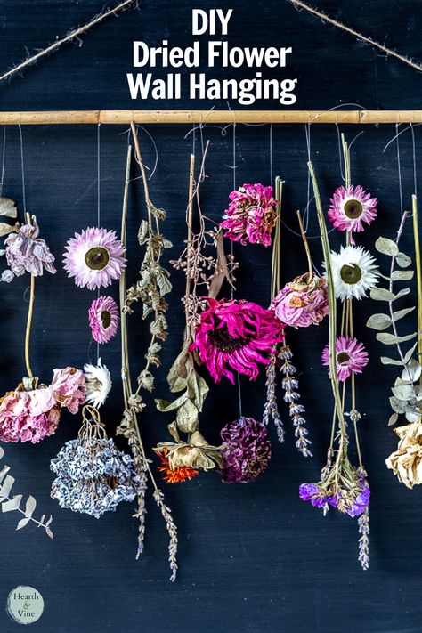 Dried flowers hanging from a dowel rod. Dried Flower Wall Hanging, Sea Glass Wind Chime, Dried Flower Wall, Diy Flower Wall, Diy Paper Flowers, Flower Wall Hanging, Glass Wind Chimes, Hanging Flower Wall, Decorative Hooks