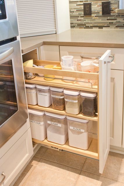 Kitchen Baking Station, Transitional Kitchen Design Ideas, Kitchen Oak Cabinets, Baking Supplies Organization, Pull Out Kitchen Cabinet, Baking Center, Baking Storage, Baking Station, House Pantry