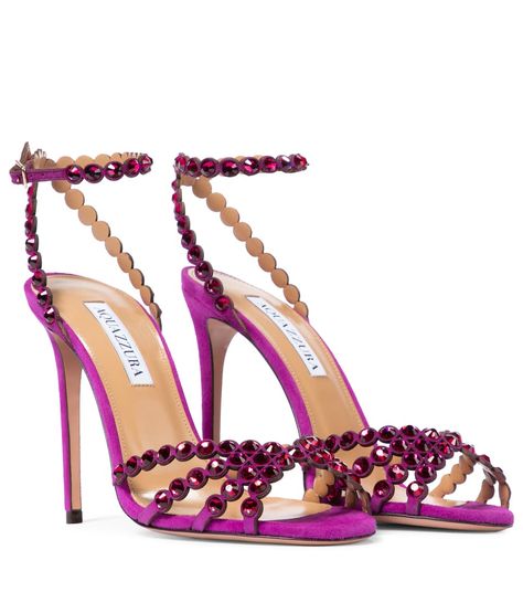 Aquazzura Tequila, Heels Purple, Aquazzura Heels, Aquazzura Shoes, Shoes Purple, Soccer Boots, Designer High Heels, Embellished Sandals, Stiletto Sandals