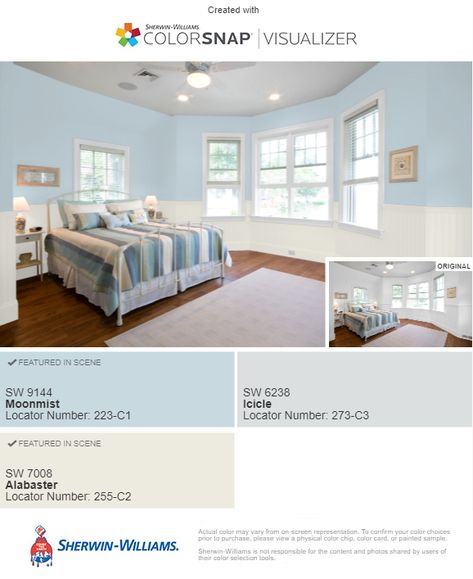 Sherwin Williams Moonmist and Alabaster Moonmist Sw Bedroom, Moonmist Sherwin Williams, Sherwin Williams Moonmist, Condo Goals, Dusty Blue Paint, Ivory Kitchen Cabinets, Relaxing Paint Colors, Entry Makeover, Ivory Kitchen