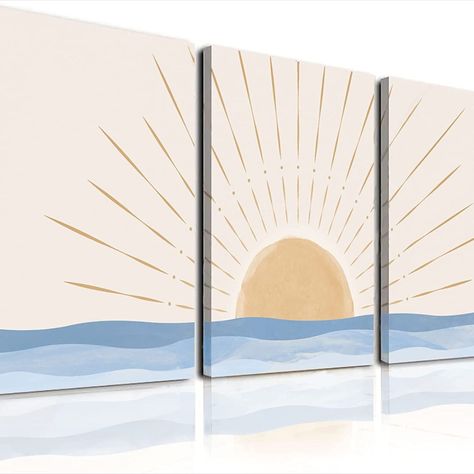 Enhance your living space with the Boho Wall Art Set of 3. These stunning framed canvas prints feature a neutral geometric sun rising on the sea, bringing a minimalist and mid-century modern touch to any room. Perfect for adorning your bathroom, bedroom, living room, or office, these art pieces create a serene and stylish atmosphere. Elevate your decor and immerse yourself in the beauty of the Boho Wall Art Set, adding a touch of elegance to your space. Modern Boho Wall Art, Geometric Sun, Sun Wall Art, Mid Century Modern Boho, Modern Wall Art Decor, Decor For Bathroom, Rest Room, Artwork Decor, Sun Rising