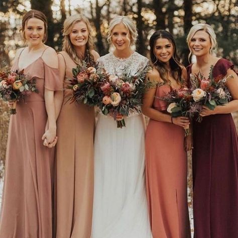 Dusty rose bridesmaid dress off the shoulder mix and match burgundy ruffled dress for fall wedding Bridesmaid Dresses Different Colors, Color Bridesmaid Dresses, Fall Color Dresses, Fall Bridesmaids, Crystal Wedding Dress, Dusty Rose Bridesmaid Dresses, Fall Bridesmaid Dresses, Rose Bridesmaid Dresses, Stunning Bridesmaid Dresses