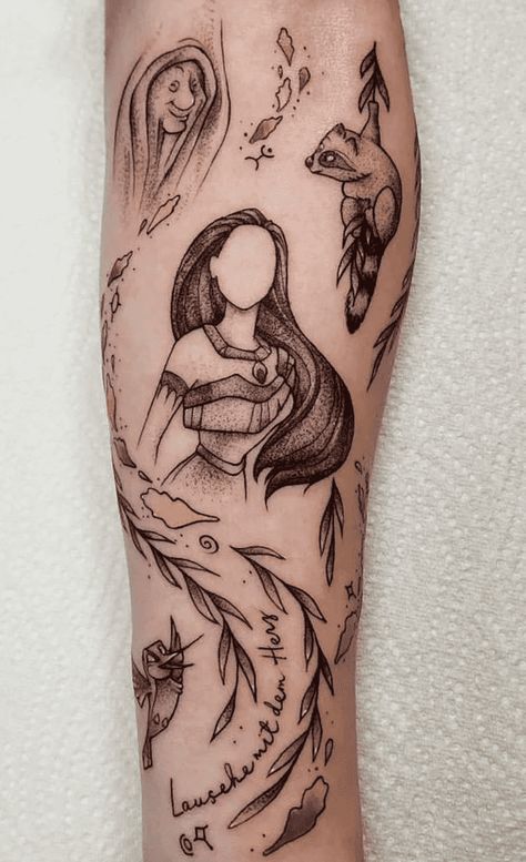 Pocahontas Sleeve Tattoo, Pocahontas Disney Tattoo, Flit Tattoo Pocahontas, Pocahontas Compass Tattoo, Pocohantas Tattoo Ideas, Meeko Tattoo, Anastasia Tattoo Ideas, Disney Tattoos Sleeve, Pocahontas Tattoos