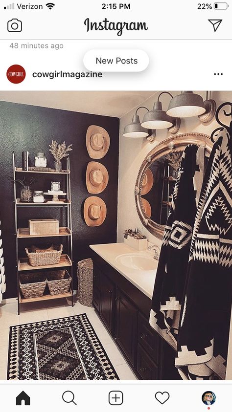 Native American Theme Living Room, Black Bohemian Bathroom, Western Chic Wall Art, Aztec Master Room, Antlers In Bathroom, First Apartment Dinner Ideas, Western Bathroom Design, Master Boho Bedroom, Western Black And White Bedroom