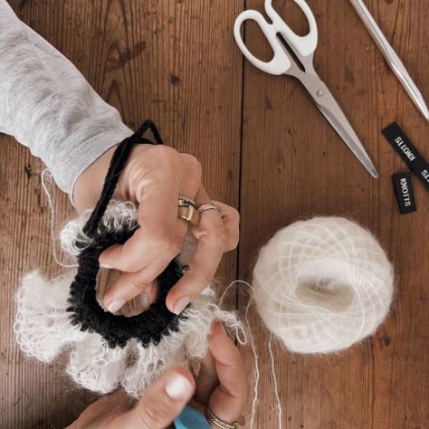 "Crochet is impossible to be done by machine, this means every crocheted item out there has been made by someone's hands" <3 Bella is the London based designer behind @knotts.studio ~ her scrunchies are elegant, tactile and beautifully crafted one at a time. Each scrunchie is crocheted from natural mohair and silk yarn from Bella's home studio. Over 1,550 stitches goes into making each one, taking around 2.5 hours to create from start to finish. The elastic bands are made by hand and ea... Silk Yarn, Crocheted Item, Scrunchies, Beaded Jewelry, Yarn, Crochet, Design