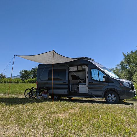 Our Awning Hack - Must Have — DwnShifters Skoolie Awning, Bus Build, Diy Awning, Van Life Ideas, Rv Awning, Camper Awnings, Waterproof Tarp, Transit Van, Diy Campervan