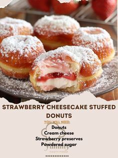 Donut Flavored Cake, Cream Cheese Food Recipes, Amazing Looking Food, Cheesecake Filling Recipe, Pastry Recipes Dessert, Strawberry Stuff, Strawberry Donuts, Strawberry Preserves, Easy Baking Recipes Desserts