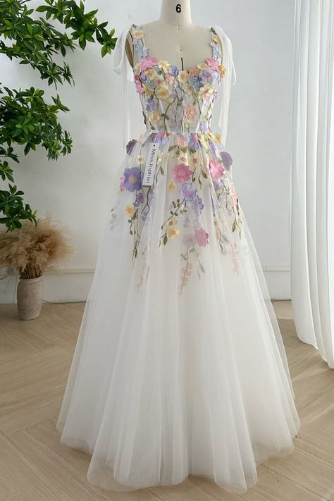 Corset Long Dress, Art In Fashion, Lavender Embroidery, Dress With Tie Straps, Floral Floor, Floral Pattern Dress, Floral Corset, Lavender Floral, Ivory Dress