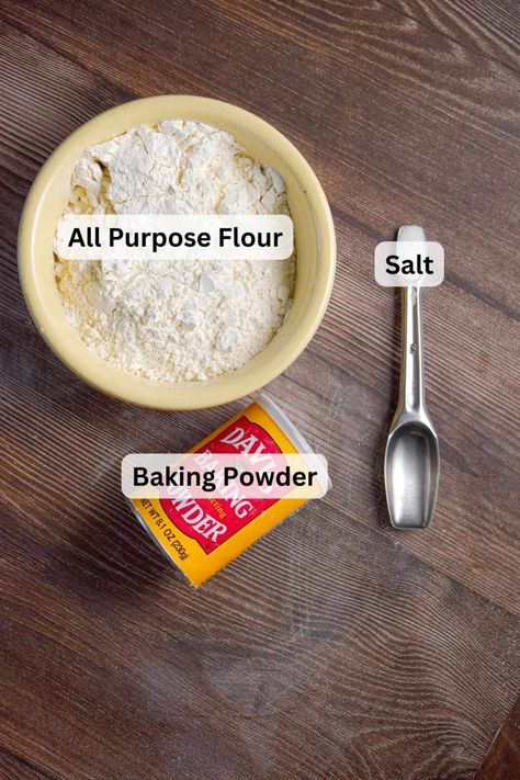 The ingredients for self rising flour are laid out and labeled. Make Self Rising Flour, 3 Ingredient Dinners, Flour Storage, Flours Banana Bread, Self Rising Flour, Flour Recipes, Homemade Remedies, Sourdough Recipes, White Flour