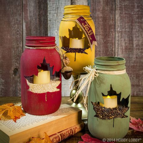 Maple Leaf Mason Jars, Leaf Mason Jar Candle, Fall Mason Jar Crafts, Fall Jars, Pink Mason Jars, Mason Jar Candle Holders, Fall Mason Jars, Mason Jar Projects, Jar Centerpieces