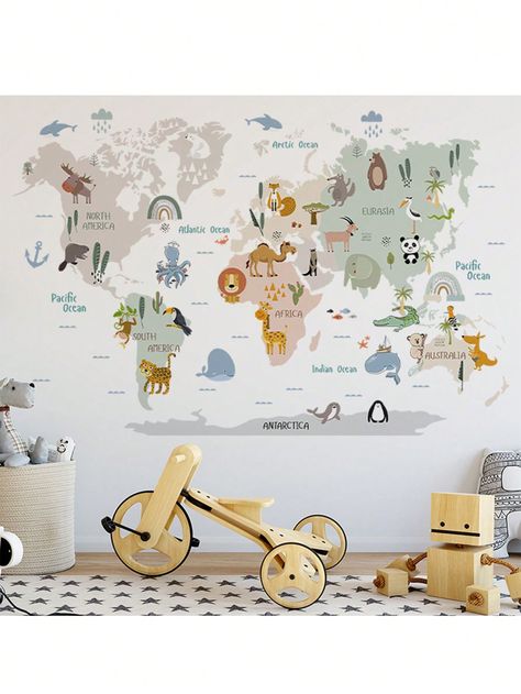 1pc Animal World Map Wall Sticker For Kids' Room, Kindergarten, Classroom, Early Education Class Decoration, Self-Adhesive Art DecalI discovered amazing products on SHEIN.com, come check them out! World Map Sticker, World Map Wall Decal, Map Wall Decal, Children Room Boy, World Map Wallpaper, Map Wallpaper, Nursery Wall Stickers, World Map Wall, Wall Stickers Kids