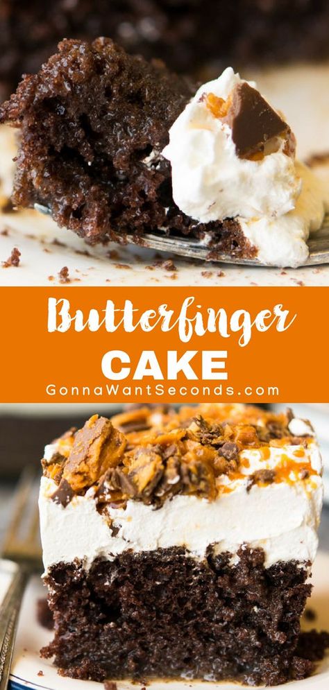 Our easy Butterfinger Cake recipe starts with a cake mix so it's a snap to make. Uniquely moist, flavored with chocolate and caramel, and topped with a thick generous layer of whipped topping and crushed butterfingers. #gonnawantseconds #butterfingercake #cake #dessert #butterfingers #cakemix #easydessert Dessert To Feed A Crowd, Butterfinger Cake Recipe, Butterfinger Cake, Cake Recipe Easy, Chocolate And Caramel, Homemade Birthday Cakes, Feed A Crowd, Birthday Cake Recipe, Baby Blog