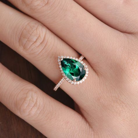 Pear Shaped Lab Emerald Engagement Ring Rose Gold Engagement | Etsy Vintage Gold Pear Engagement Ring, Emerald Ring Pear Shape, Pear Shaped Emerald Engagement Rings, Pear Shaped Emerald Ring, Pear Emerald Ring, Pear Emerald Engagement Ring, Emerald Pear Engagement Ring, Emerald Engagement Ring Vintage, Gem Engagement Rings