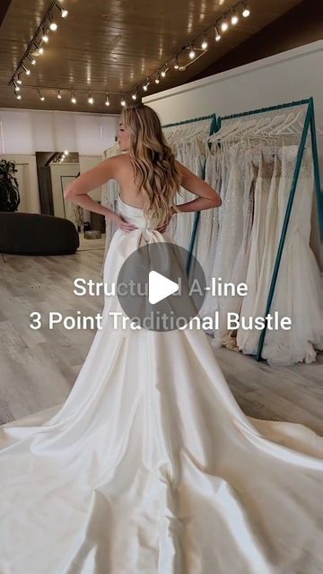 Alta Moda Bridal - Utah Bridal Shop on Instagram: "Wedding dress bustle ideas! 👉🏽 Which silhouettes do you want us to do next?  . . . . . #bridalreels #weddingreels #sayyestothedress #weddingdressbustle #utahbridalshop #utahbridals #utahweddings #utahbrides #syttd #bridalalterations #utahbridal" Satin Dress Bustle, Bustle Options Wedding Dresses, Aline Wedding Dress Bustle, How To Make A Bustle On A Wedding Dress, Bustle Types Wedding Dress, Different Bustle Styles, A Line Bustle, Side Bustle Wedding Dress, Diy Bustle Wedding Dress