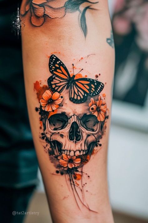 Jeweled Skull Tattoo, Skull With Flowers And Butterflies, Dark Womens Tattoos, Skull Halloween Tattoo, Gothic Tattoo For Women, Skull And Butterfly Tattoo Design, Dark Bold Tattoos, Pretty Skull Tattoos For Women Beautiful, Tattoo Ideas Skull Women