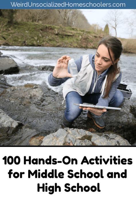 Hands-on learning activities aren't just for kids. These 100 hands-on activities for middle school and high school students will keep older students actively learning and engaged in their education. There are activities for math, science, history, geography, and electives! #homeschool #homeschooling #highschool #middleschool Middle School Electives Ideas, Homeschool Activities Highschool, Projects For High School Students, Co Op Class Ideas Homeschool Middle School, Unschooling Middle School, Unschooling Ideas Middle School, Unschooling High School, Ecology Activities High School, High School Homeschool Co Op Ideas