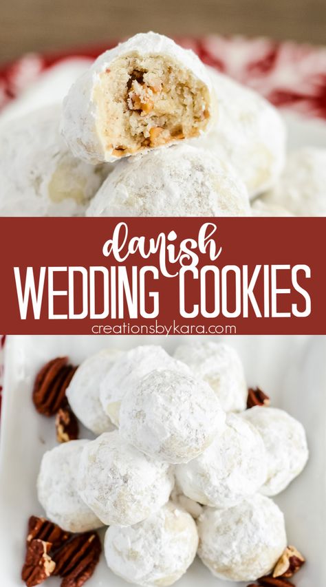 Everyone loves these DANISH WEDDING COOKIES! Buttery, nutty little cookies rolled in powdered sugar. You only need 7 ingredients and a few minutes to make them! #danishweddingcookies #snowballcookies @Creations by Kara Cookies Covered In Powdered Sugar, Wedding Danish Cookies, Easy Wedding Cookies Simple, Pecan Wedding Cookies, Wedding Cake Cookies Recipe, Wedding Cookies Simple, Powdered Cookies, Drop Cookies Recipes, Swedish Butter Cookies