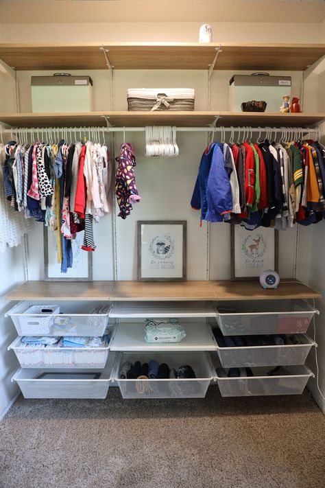 IKEA BOAXEL Closet System Reveal - HOMEGROWN with GRACE Dressing Boaxel Ikea, Boaxel Ikea Walk In Closet, Family Closet Ideas, Family Closet Organization, Ikea Boaxel Closet Ideas, Boaxel Ikea Ideas, Boaxel Closet System, Boaxel Closet, Diy Open Closet