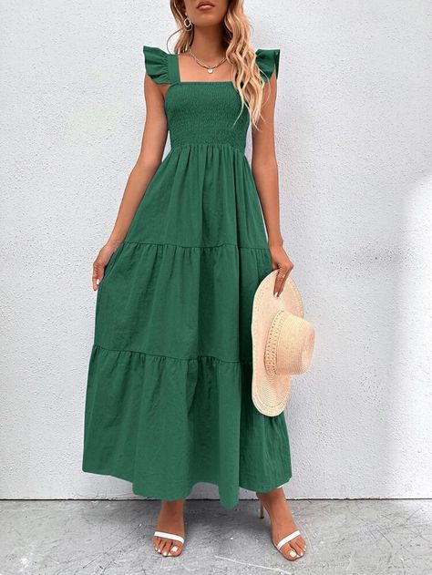 Cotton Dress Summer Casual, Green Cotton Dress, Cotton Dresses Summer, Long Green Dress, Green Dress Casual, Shirred Dress, Modest Clothing, Long Dress Casual, Ruffle Hem Dress