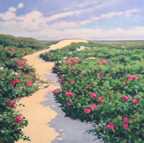 Landscape painting. Nature art. Blooming flowers. Oil painting. Field path. Pink flowers. Cloudy sky. Abstract art. Artwork. White cloud. Flowers Oil Painting, Beach Path, Beautiful Landscape Paintings, Cloud Illustration, Beach Flowers, Monet Art, Painting Nature, Pretty Landscapes, Watercolor Art Lessons