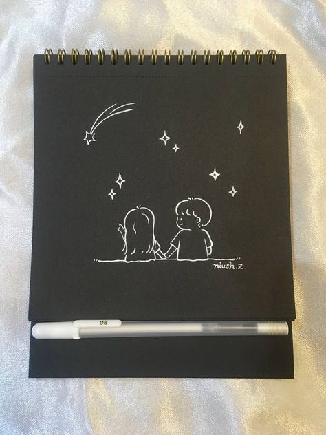 Black Sketch Book Drawing, Drawing Ideas In Black Paper, Back Of Notebook Drawing, Drawing With Black Paper, Love Letter Front Page Ideas, Black Book Drawing, Black Book Drawing Ideas, Ideas For Black Paper, Black Paper Notebook