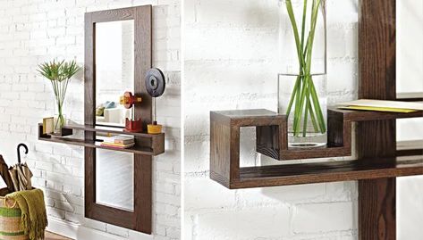 How to Make an Entryway Mirror | Lowe’s Diy Bookshelf Door, Diy Wall Mirror, Diy Entryway Table, Flat Renovation, Mirror Shelf, Entry Mirror, Powder Puffs, Wall Mirror With Shelf, Entryway Mirror