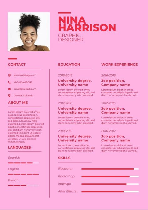 Duotone Simple Nina Pink Cool Designer Resume Cute Resume Design, Cool Cv, Graphic Designer Resume, Designer Resume, Editing Tool, Portfolio Ideas, University Degree, Graphic Design Resume, Brand Kit