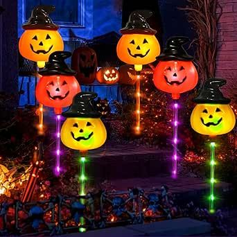 Halloween Patio Decor, Printable Pumpkin Stencils, Creepy Costumes, Yard Party, Decorative Garden Stakes, Kid Friendly Halloween, Halloween Pumpkin Designs, Pumpkin Lights, Color Changing Lights