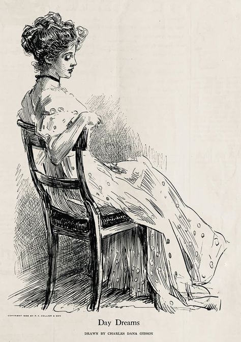 Sitting In Chair, Charles Dana Gibson, Dana Gibson, Portfolio Print, Victorian Illustration, Gibson Girl, Arte Sketchbook, Sketchbook Art, Victorian Art