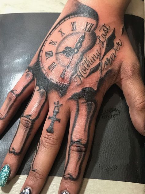 Skull On Hand Tattoo, Men Hand Tattoos Ideas Unique, Meaningful Hand Tattoos, Men Hand Tattoos Ideas, Hand Tattoos Skeleton, Clock Hand Tattoo, Cute Hand Tattoos For Women, Cute Thigh Tattoos, Full Hand Tattoo