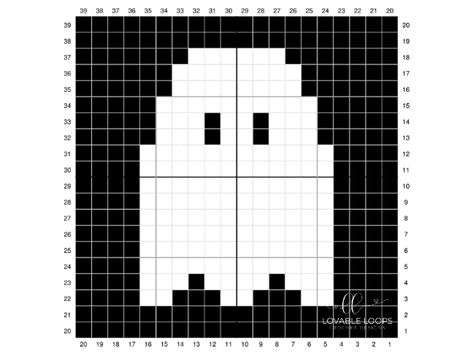 Knit Ghost Pillow, Mini Crochet Tapestry Pattern, Ghost Crochet Tapestry, Crochet Ghost Granny Square Pattern, Simple Crochet Graph Patterns, Mini Ghost Cross Stitch, Black And White Crochet Projects, Ghost Grid Pattern, Graphs For Crochet