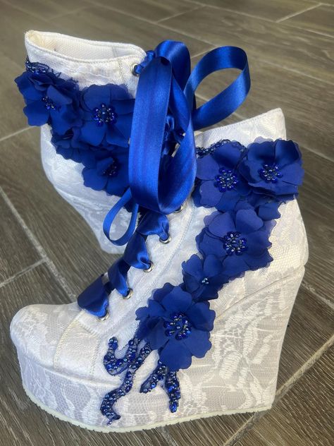 Royal Blue Beaded Lace Platform Shoes "Elevate your style with our stunning royal blue beaded lace platform shoes! ✨ These lightweight and comfortable heels are perfect for weddings, proms, or any special occasion. The delicate lace and intricate beading add a touch of elegance, while the cushioned insole ensures all-day comfort. You'll feel like royalty in these show-stopping shoes!" Sizes: 6-9 USA woman High heel: 4 inches Front platform: 1 inch Weight: .800 grs, realy light! Royal Blue Platform Heels, Sweet 16 Heels, Blue Wedding Shoes For Bride, Royal Blue Wedding Ideas, Cowboy Wedding Dress, Slay Shoes, Quince Heels, Sweet 16 Shoes, Dallas Cowboys Wedding