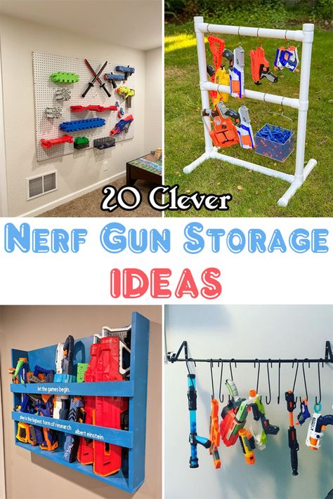 On The Wall Storage Ideas, Nerf Storage Ideas Peg Board, Peg Board Nerf Wall Diy, Nerfgun Storage, Wall Storage For Toys, Nerf Armory Wall, Diy Kids Storage Ideas, Nerf Bedroom Ideas, Nerf Wall Storage