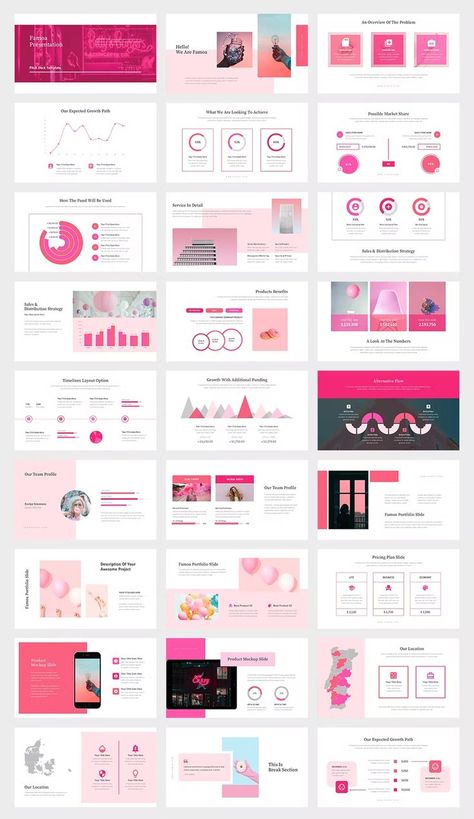 Pink Color Tone Pitch Deck Powerpoint Template. 50 unique and editable slides. Pink Portfolio Design, Pink Presentation Design, Pink Powerpoint Template, Pink Presentation, Pitch Deck Design, Pitch Deck Template, Keynote Design, Presentation Deck, Template For Powerpoint