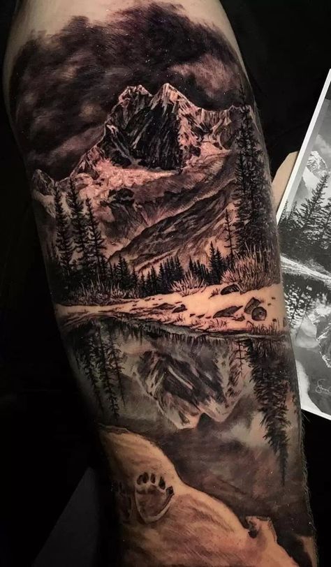 Mountain Sleeve Tattoo, Mountain Tattoo Ideas, Forest Tattoo Sleeve, Natur Tattoo Arm, Outdoor Tattoo, Mountain Tattoos, Cool Animal Tattoos, Animal Sleeve Tattoo, Nature Tattoo Sleeve