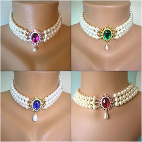 Indian Bridal Choker, Necklaces Swarovski, Coloured Trim, Choker Pearl, Indian Choker Necklace, Bridal Pearl Necklace, Motifs Perler, Bridal Choker, Necklace Swarovski