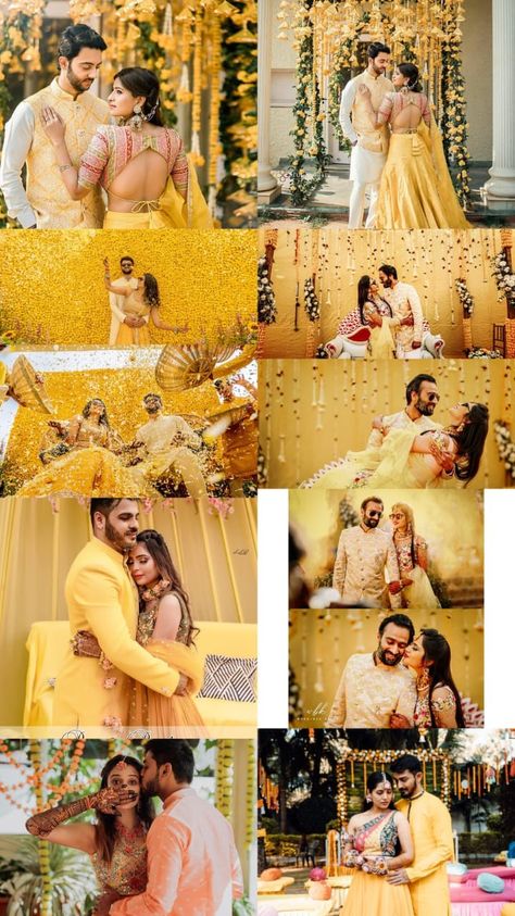 Haldi Pose For Couple, Groom Poses For Haldi, Indian Haldi Couple Poses, Mehndi Event Photography, Haldi Potrait For Bride, Haldi Couple Photos, Haldi Photography Ideas For Couple, Haldi Cupal Pose, Haldi Poses For Bride And Groom