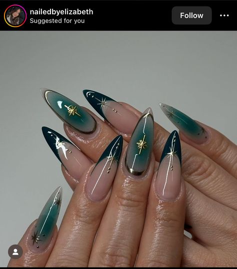 Long Almond Acrylic Nails Green, Short Nails Emerald Green, Wicked Green Nails, Emerald Green Aura Nails, Xiao Inspired Nails, Black Green And Silver Nails, Green Prom Nail Ideas, Cybersigilism Nail Art, Dark Green Quinceanera Nails