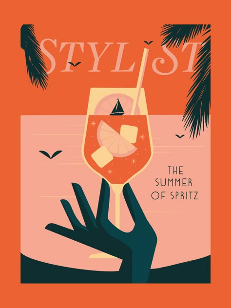 Summer Drink Illustration, Summer Aesthetic Graphic Design, Summer Graphic Design Illustration, Summer Event Poster, Spritz Aesthetic, Sunset Graphic Design, Cocktail Illustration Graphic Design, Ocean Graphic Design, Orange Graphic Design