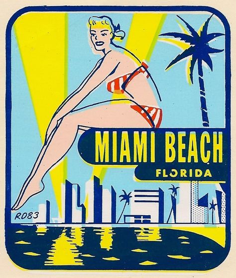 VINTAGE-ORIGINAL-1950s-SOUVENIR-MIAMI-BEACH-FLORIDA-PINUP-TRAVEL-WATER-DECAL Roger Wilkerson, Vintage Miami, Travel Album, Vintage Hotels, Miami Beach Florida, South Beach Miami, Beach Posters, Miami Vice, Vintage Florida