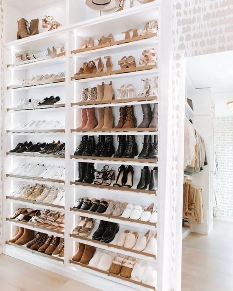 29 Shoe Closet Organization Ideas for Chic & Tidy Spaces in 2024 - placeideal.com Shoe Rack Master Closet, Shoe Shelving In Closet, California Closet Shoe Storage, Closet Shoe Storage California Closets, Shoe Storage Master Closet, Shoe Closet Aesthetic, Walk In Closet Shoes, How To Organize Shoes In Closet, Shoe Storage In Closet