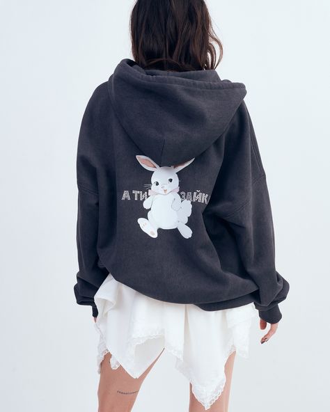 “Bunny” 🐰🐰🐰 Asymmetrical skirt & t-shirt or oversized hoodie & bandana skirt? Choose your favorite one. Bandana Skirt, Bow Applique, Bunny Hoodie, Crystal Logo, Dress Slip, Bunny Print, A Bunny, Asymmetrical Skirt, Oversized Hoodie