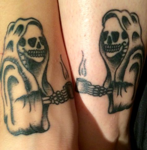 Couples Tattoos Halloween, Men’s Best Friend Tattoos, Evil Matching Tattoos, Dark Matching Tattoos For Best Friends, Traditional Matching Tattoos Couple, Couple Tattoos Funny Creative, Funny Couple Tattoo Ideas, Matching Creepy Tattoo, Dark Couple Tattoo Ideas